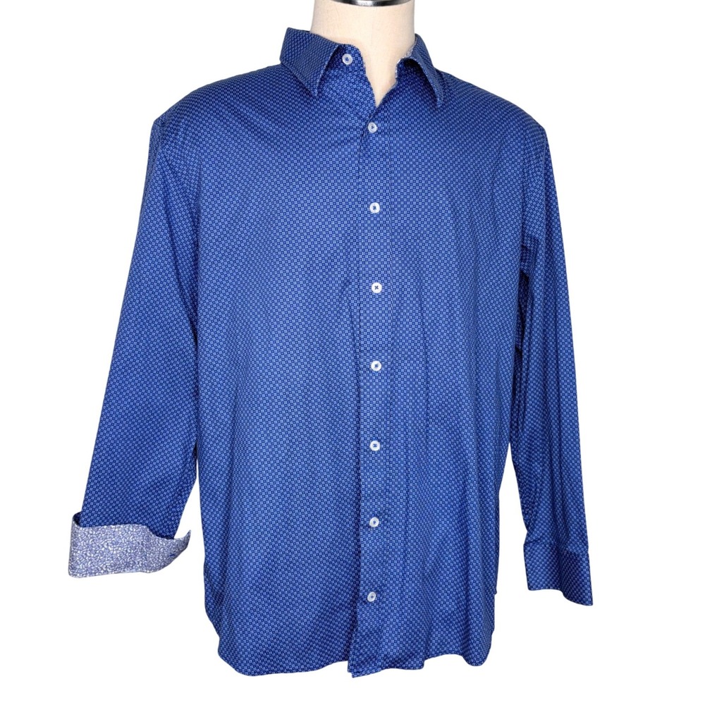 Nick Graham Button Down Shirt 2XL Blue Geometric Stretch Modern Fit Long Sleeve‎